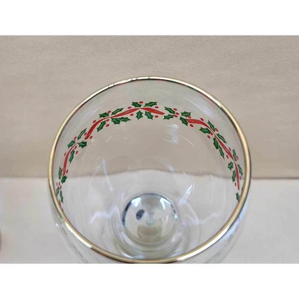 Libbey Christmas Wine Glasses Set of 4 Holly Ribbon Gold Rim Holiday Stemware